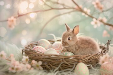 Easter bunny sitting in nest with colorful eggs in front of cherry blossom tree