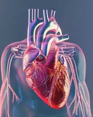 An illustration of a human heart with blue veins and arteries on a white background. - obrazy, fototapety, plakaty