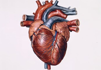 An illustration of a human heart with detailed chambers and blood vessels. - obrazy, fototapety, plakaty