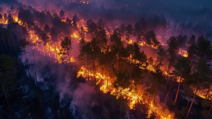 Obraz premium An aerial view of a wildfire burning in a forest at night. The fire is spreading quickly, and the flames are reaching high into the sky. The smoke from the fire is thick and black, and it is obscuring
