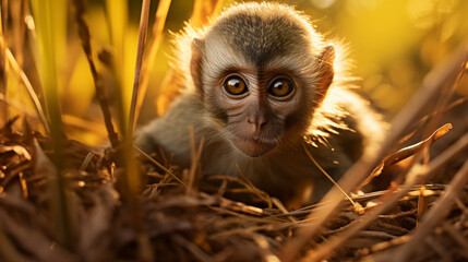 A curious young monkey in sunny weather. Generative AI