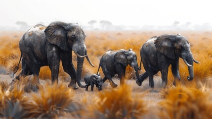 A family of elephants walking through a field of tall grass - obrazy, fototapety, plakaty