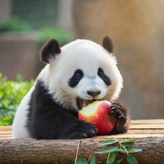 Fototapeta premium 귀여운 아기판다가 사과를 먹고 있는 모습