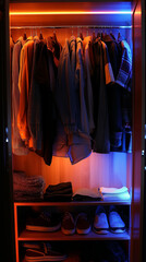 Contemporary wardrobe with warm lighting ideal for home organization websites and storage solution promotions.