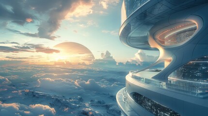 Futuristic airport control tower at sunset with panoramic city views and a distant planet