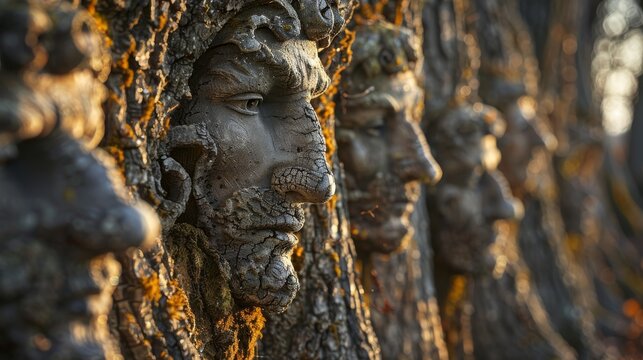 Enchanting woodland scene with faces carved into trees among autumn leaves