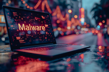 A laptop screen displays the word Malware - obrazy, fototapety, plakaty