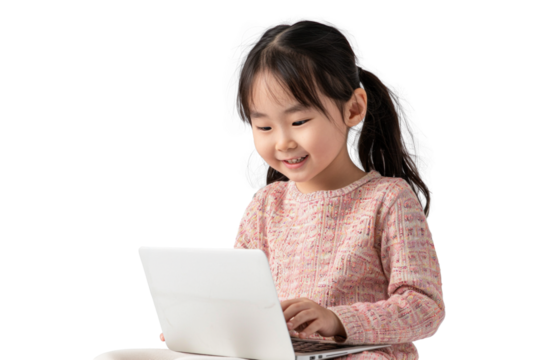 Young Girl with Laptop on Invisible Background