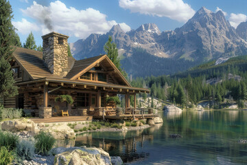 A Craftsman-style cabin with a rustic aesthetic, featuring natural log construction, a stone chimney, and a wrap-around deck overlooking a secluded mountain lake.
