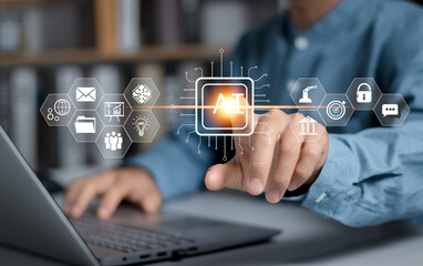 Ai technology, Artificial Intelligence. man using technology smart robot AI, artificial intelligence by enter command prompt for generates something, Futuristic technology transformation. Chat with AI