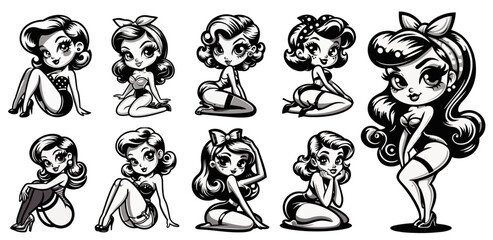 pinup woman retro style, black vector nocolor silhouette, pin up girl vintage monochrome clipart illustration, laser cutting engraving old style