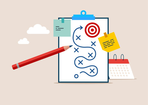 Route to the goal. Working with  plan on paper. Plan on paper. Strategy, marketing, business development. Flat vector illustration.