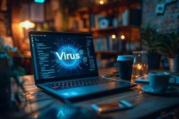 A laptop screen shows a virus