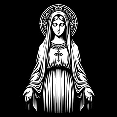 Our Lady Virgin Mary, vector illustration: Madonna, Mother of God silhouette for laser cutting cnc, engraving, decorative religious icon, clipart black shape