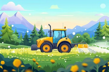 Sunset farming  tractor irrigating, spraying, or harvesting crops with agricultural data infographic