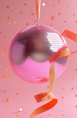 Festive disco ball hanging on pink background with confetti, streamers and ribbon decoration