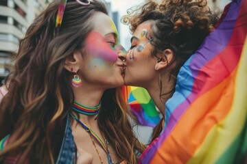 Two women kissing in front of rainbow flag with faces painted in rainbow colors