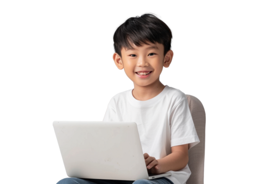 Young Asian Boy Smiling with Laptop