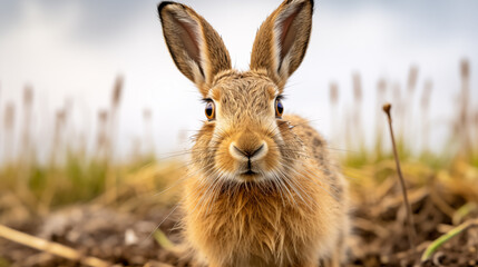Fototapeta premium Inquisitive Wild Hare Close-Up. Generative AI