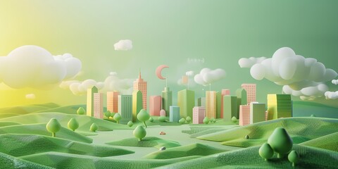 3D render, illustration 16K cute landscape, mini city , gradient green background