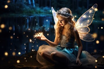 A fairy is perched on a rock, holding a sparkler in hand, creating a magical glow in the surroundings. Generative AI