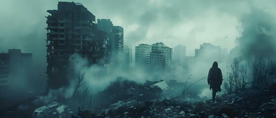 Lone Guardian Amidst the Ruins. Concept Abandoned Buildings, Moody Lighting, Lone Figure, Post-Apocalyptic Setting - obrazy, fototapety, plakaty