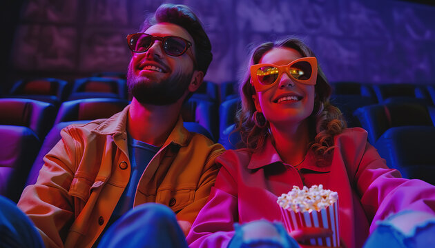 image front view of young joyful couple in the cinema watching an exciting movie with popcorn