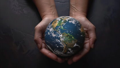 hands holding Earth Globe on black studio background