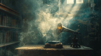 Vintage gramophone in a cozy library setting playing old jazz records