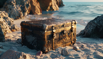  image of treasure chest in old and vintage style on beach sand 