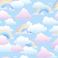 Seamless pattern of cute pastel rainbows and fluffy clouds, perfect for a gentle, dreamy background