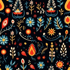 Seamless Waldorf pattern with elements of Steiner-inspired folk art, colorful and educational