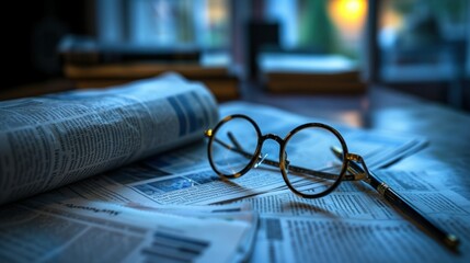 reading glasses and a ballpoint pen lie on a newspaper