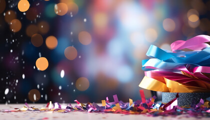 Confetti and colorful cut paper streamer as party decoration on table - obrazy, fototapety, plakaty