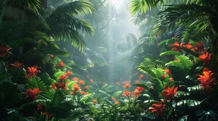 Fototapeta na wymiar Lush green rainforest scene with vibrant exotic flowers and plants