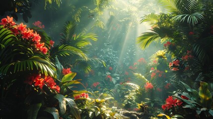 Obraz na płótnie Canvas Lush green rainforest scene with vibrant exotic flowers and plants