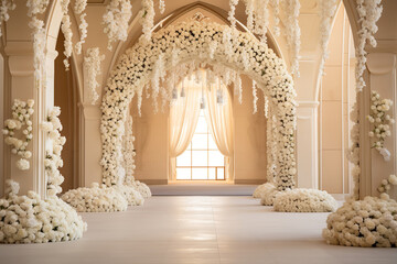 Cream, brown and white flowers hanging from above, plain cream arch wall, plain plain cream floor - Powered by Adobe