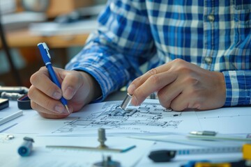 Person working on blueprints with pen and pencil at table in architectural design studio