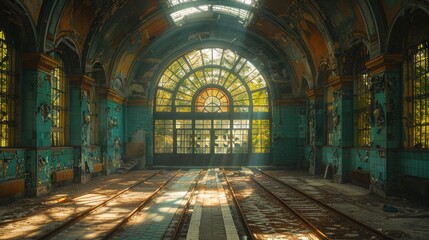 Mysterious and abandoned Art Deco train station with faded grandeur and railway tracks - obrazy, fototapety, plakaty