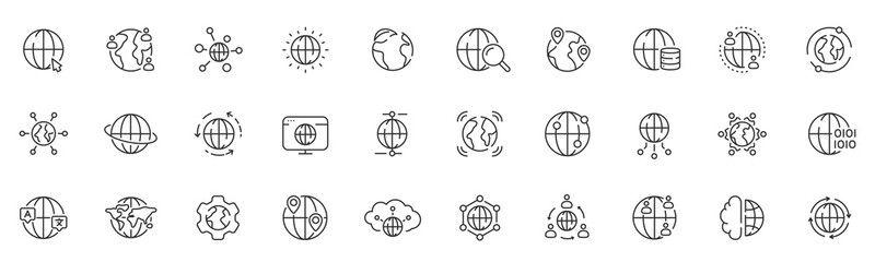 Set of world globe related line icons. Planet, internet, web, earth, network etc. Editable stroke
