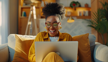 front view of excited cheerful young Black woman using laptop computer on sofa at home getting good news - Powered by Adobe