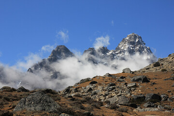 Peaks of Mount Tabuche and Tobuche seen from Dzongla, Nepal.