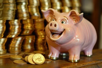 Piggy bank with gold coins standing in front of a large pile of gold coins