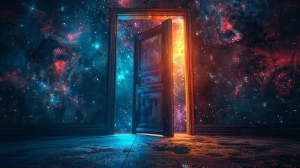 Doorway to the cosmos: a surreal image of an open door leading into a starry universe - obrazy, fototapety, plakaty