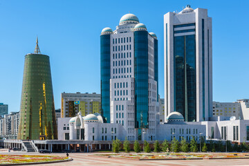 Fototapeta na wymiar Buildings of the Kazakh Parliament and the Senate in the capital of Kazakhstan - city of Astana