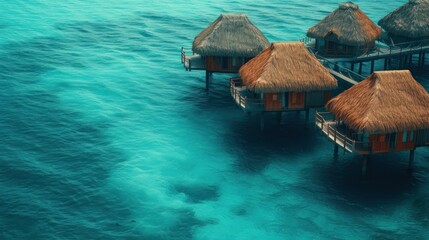 Fototapeta premium Tropical bungalows overwater and coral reef. Pacific ocean, Oceania