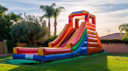 Picture a vibrant, colorful inflatable bounce house water slide set up in a backyard, ready to offer endless fun for children. The bouncy castle slide, with its bright colors and playful design