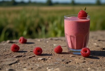 Fruit smoothie on the background of the sea, vacation, summer raspberry