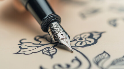 Close-up of an ornate fountain pen on vintage paper, ideal for invitations and letter-writing...