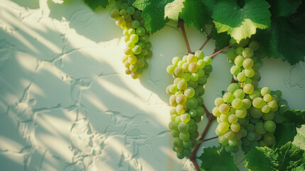 riesling grapes with leaves climbing upwards a white wall shot from side with spring light - obrazy, fototapety, plakaty